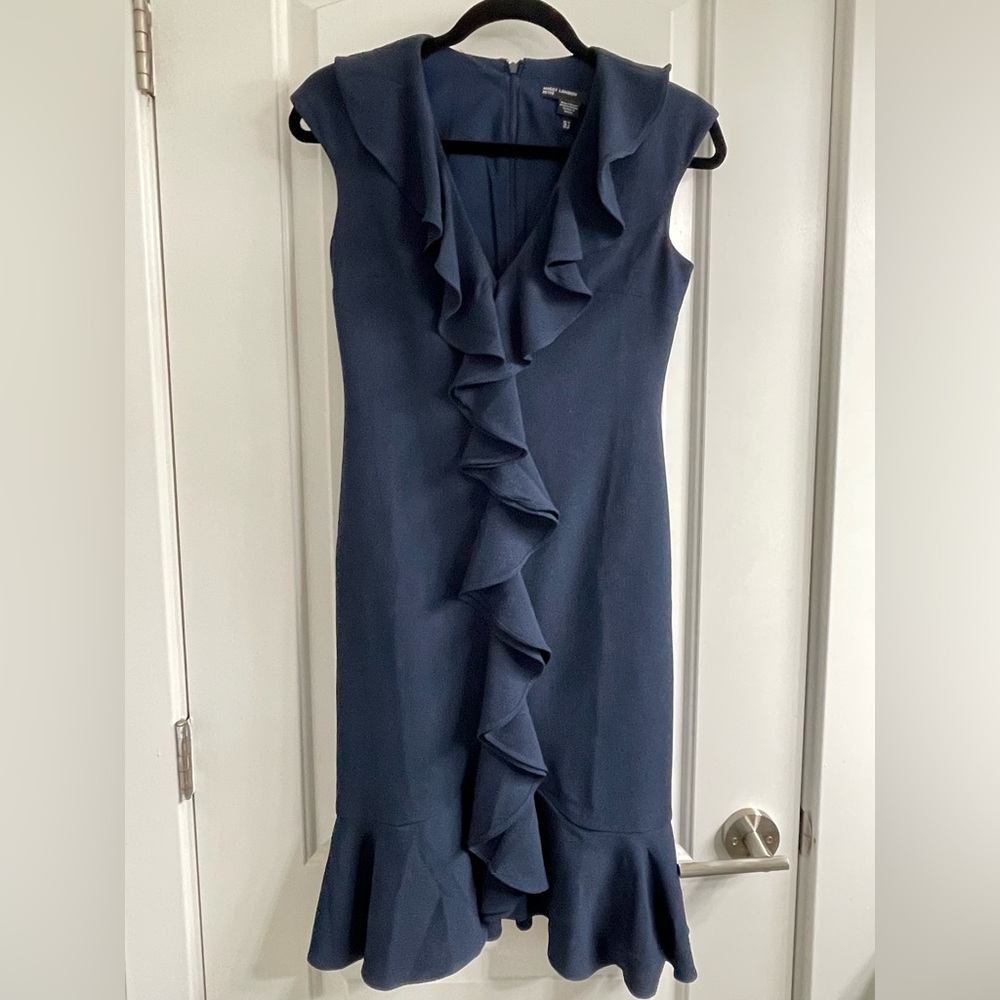 Maggie London navy ruffle front dress 2P